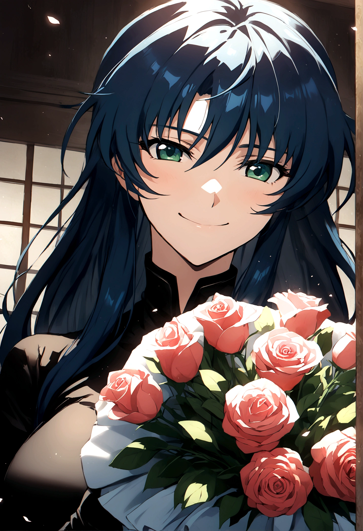 Large Breasts, anime girl with blue hair and green eyes long haired, misato katsuragi, portrait knights of zodiac girl, fubuki, kusanagi, inspired by Rei Kamoi, nico robin, ikki tousen, knights of zodiac girl, juri misaki, gainax anime style, close view 8K,HD,Wallpaper masterpiece 1.3, large ass, front view, looking at viewer, holding a bouquet of roses, wearing a fully black wedding dress, smiling. Happy, 