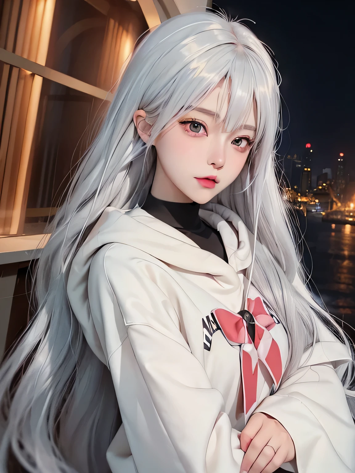 (masterpiece:1.1), (detailed:1.1), ((1girl)), (8k), medium breasts, anime girl with long silver hair, perfect platinum haired girl, seductive anime girl, girl with platinum hair, beautiful anime girl, photorealistic anime, realistic young anime girl, hyper realistic anime, realistic anime 3 d style, attractive anime girl, smooth anime cg art, anime girl, beautiful anime woman, silver haired, (brown eyes), (red bow), (cute face), rosy cheeks, (detailed face), (detailed eyes), (look like sinestrea arena of valor), (sinestrea from arena of valor), (beautiful face), full body shot, skin white, (eye left blue), (eye right brown), (oversized hoodie), oversized_hoodie_e