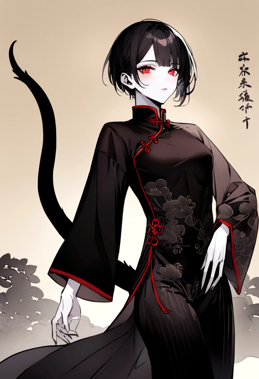 Woman dressed as a man,Dragon Girl,White skin,Big Wings,Black Hair,Red eyes,Short Hair,Black Horn,(黒いチャイナMen's clothing),(Men's clothing),Black Scales,(Black thin tail),(Depict the whole body),(Black trousers),Chinese clothing for men, Chinese shirt, Hanfu, round cut, stand-up collar, Chinese buttons, Chinese clothing, Chinese clothing,Small breasts