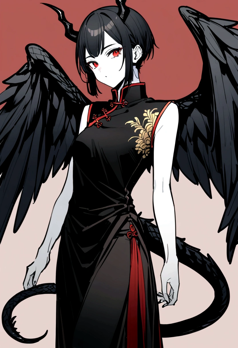 Woman dressed as a man,Dragon Girl,White skin,Big Wings,Black Hair,Red eyes,Short Hair,Black Horn,(黒いチャイナMen's clothing),(Men's clothing),Black Scales,(Black thin tail),(Depict the whole body),(Black trousers),Chinese clothing for men, Chinese shirt, Hanfu, round cut, stand-up collar, Chinese buttons, Chinese clothing, Chinese clothing,Small breasts