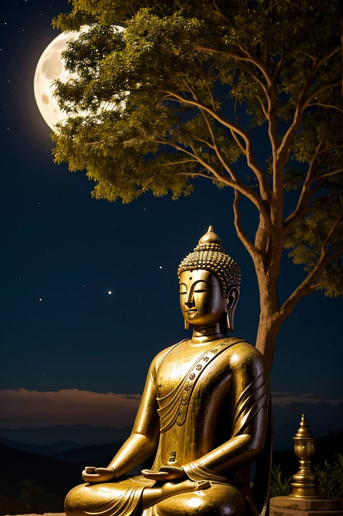 A figure of a man sitting in meditation under a Bodhi tree on a full moon night and achieving enlightenment as a Buddha with a respectful face and a faithful face.