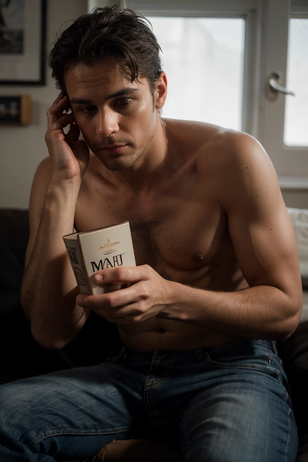 Create a masterful masterpiece book cover of 35 year old man dreaming of a better life looking at the ultra-detailed horizon inspired by Drew Struzan,Soft lighting, masterpiece, Highest quality, 8K Ultra HD, Digital SLR, Film Grain, Photorealistic Painting Fujifilm XT3