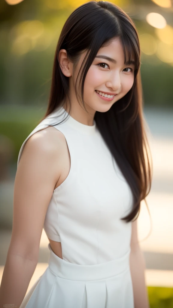 1girl,(RAW photo, best quality), (realistic, photo-realistic:1.4), masterpiece, an extremely delicate and beautiful, extremely detailed, 2k wallpaper, Amazing, finely detail, extremely detailed CG unity 8k wallpaper, ultra-detailed, highres, soft light, beautiful detailed girl, extremely detailed eyes and face, beautiful detailed nose, beautiful detailed eyes,cinematic lighting,perfect anatomy,slender body
wearing a white peplum dress,white skirt,(bokeh:1.2)
at a flower park,sakura flowers,flower garden,
 smile