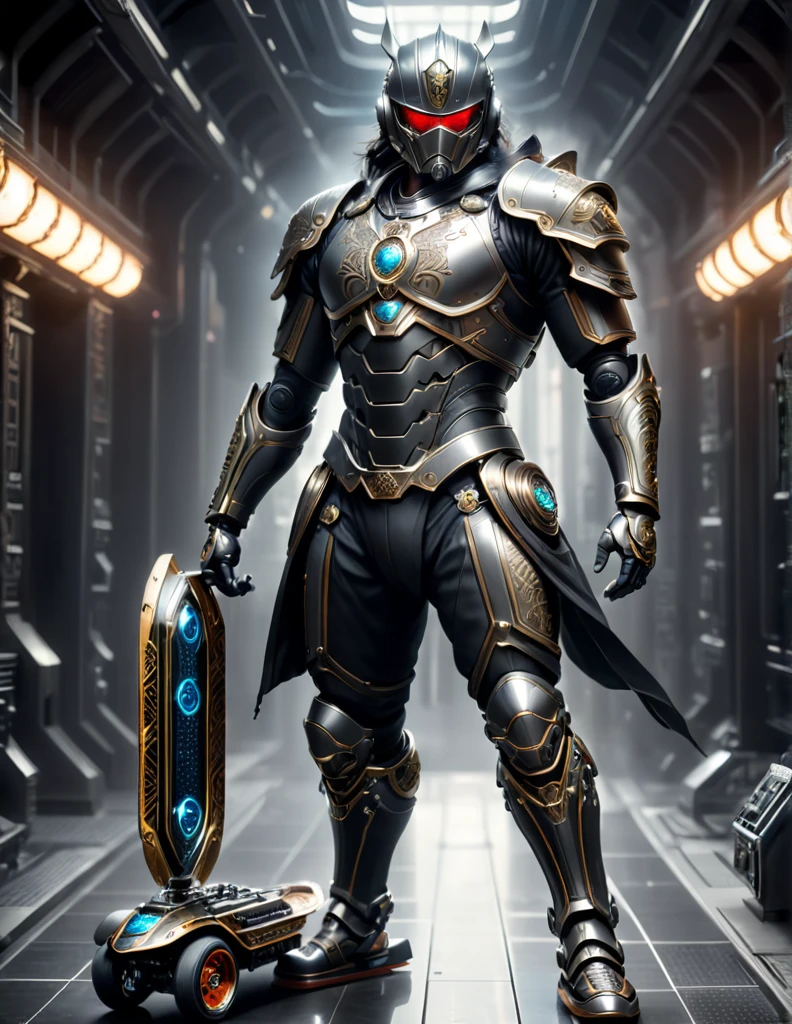 A high-resolution image of a science fiction Mongolian warrior with mask. He is adorned in armor combined with chainmail, with elements of carbon integrated into the design. He stands beside a futuristic ((skateboard)), made of sleek chrome and advanced materials. In one hand, he holds a (laser gun), its barrel glowing faintly. The warrior is powered by nuclear energy, with subtle indicators of this power source on his armor. The background is a dark void, with energy particles swirling around him, casting a soft light on the chrome and carbon surfaces. The overall scene blends ancient warrior aesthetics with futuristic technology, creating a striking and dynamic visual.