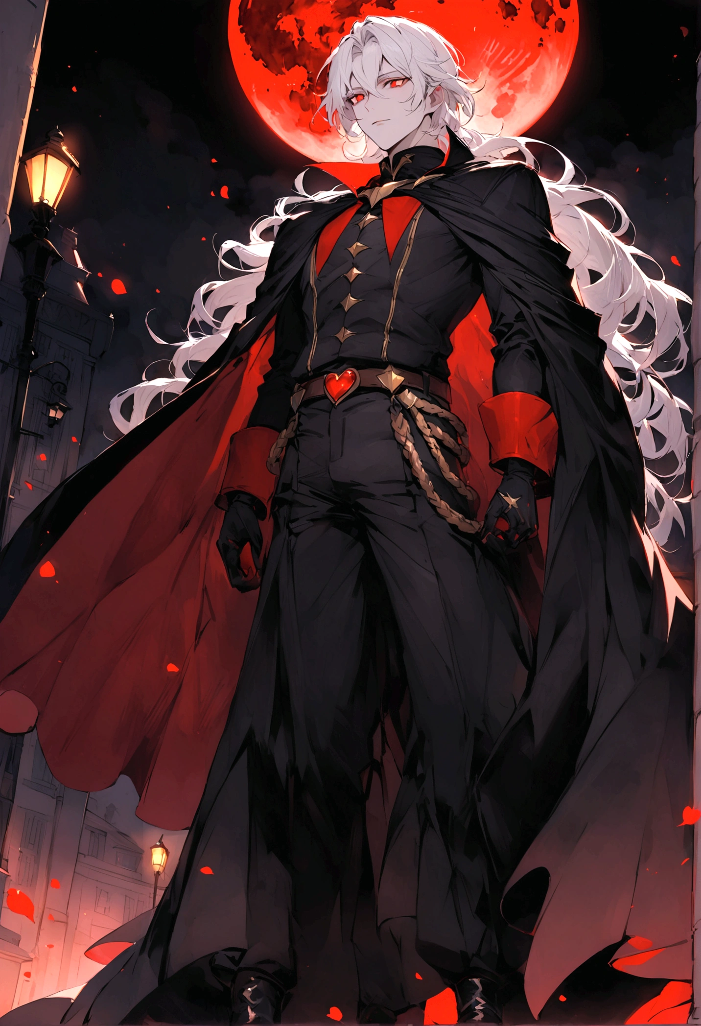 Handsome pale vampire of a long fluffy white hair and crimson red eyes, standing in top a lamppost and looking at the crimson blood moon on the night sky, wearing a black bullfighter costume and a long pitch black cape