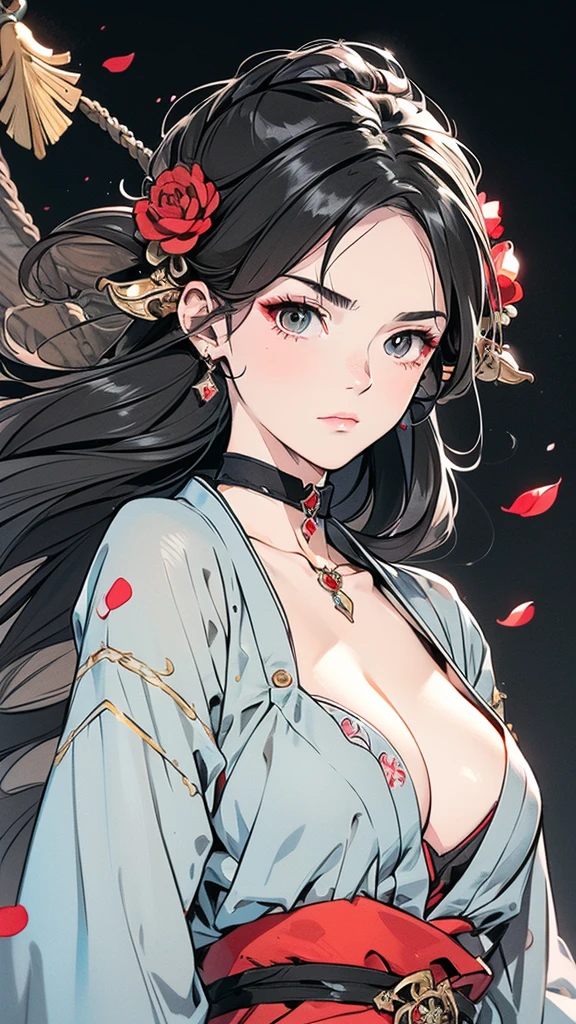Seven Rhaeyar (Deylta), Ancient Star goddess, Perfect female anatomy (Royalty, Adult Female, 166cm in height, Cool pale skin, slim, slender, 34D breast size, Long Jet Black Hair, Gray Colored Iris , a set of Jet black colored horns on her head), Neutral facial expression, Elegant black uniform dress, female choker accessory with silver complimentary jewelry, dragon motifs, Black rope accessories, Simple Black Background, receiving light from the front, Slightly focusing on her face up close, Ethereal glow, Red Rose petals falling, Japanese inspired