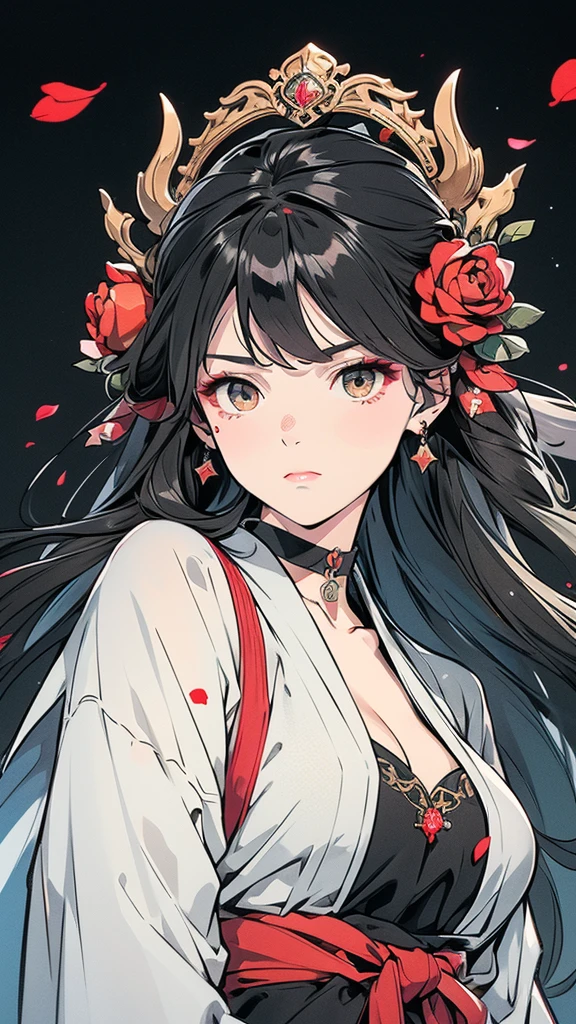 Seven Rhaeyar (Deylta), Ancient Star goddess, Perfect female anatomy (Royalty, Adult Female, 166cm in height, Cool pale skin, slim, slender, 34D breast size, Long Jet Black Hair, Gray Colored Iris , a set of Jet black colored horns on her head), Neutral facial expression, Elegant black uniform dress, female choker accessory with silver complimentary jewelry, dragon motifs, Black rope accessories, Simple Black Background, receiving light from the front, Slightly focusing on her face up close, Ethereal glow, Red Rose petals falling, Japanese inspired