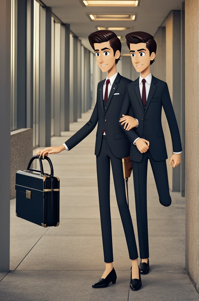 animated cartoon, , Skinny, high, wear elegant suit, briefcase in hand