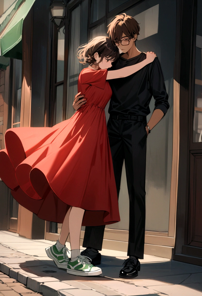 A girl with short brown hair in a red dress and green and white sneakers, hugging a boy in a dark gray shirt and black pants and dress shoes, hair of both coffee, the one with the darker brown boy and the boy with glasses