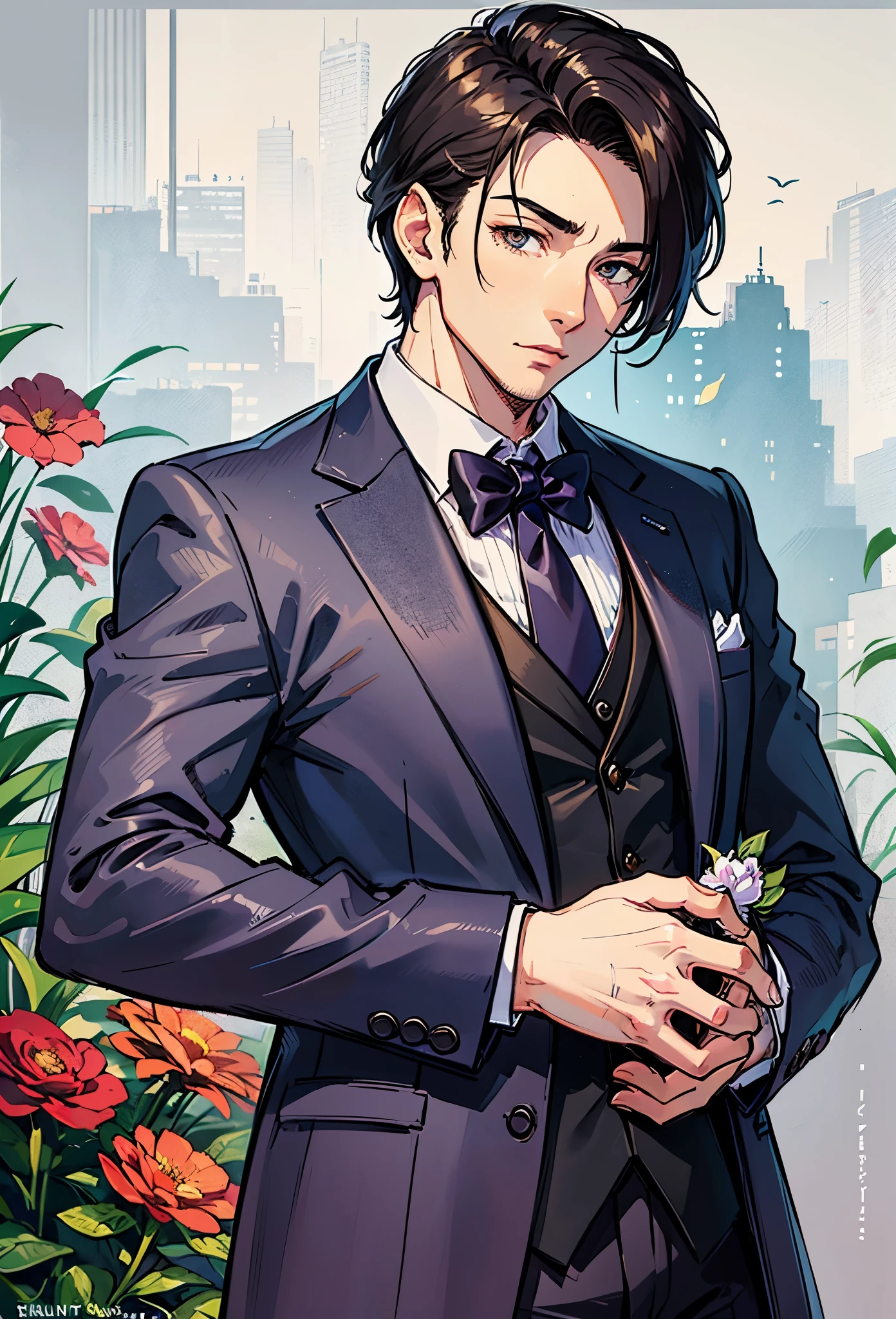 Watercolor elements, 1boy, kemono, furry, detailed body fur, animal face, animal hand, Handsome boy in tuxedo holding a red rose and looking at viewer,