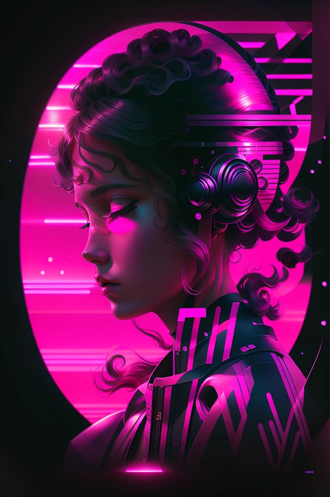 a woman with headphones in front of a pink circle, ( ( ( synthetic wave ) ) ), 80s style synthetic wave, arstation suave, synthetic wave art style ]!!, (synthetic wave), ((synthetic wave)), synthetic wave style, synthetic wave inspired, 8 0 s synthetic wave, dark synthetic wave, [ synthetic wave art style ]!!