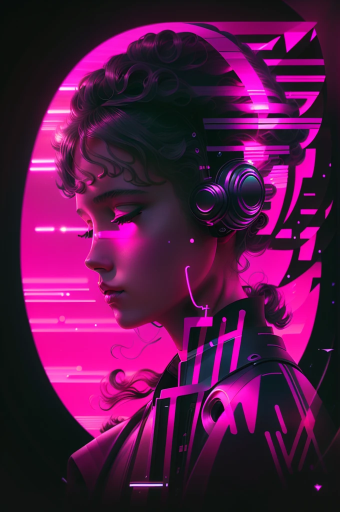 a woman with headphones in front of a pink circle, ( ( ( synthetic wave ) ) ), 80s style synthetic wave, arstation suave, synthetic wave art style ]!!, (synthetic wave), ((synthetic wave)), synthetic wave style, synthetic wave inspired, 8 0 s synthetic wave, dark synthetic wave, [ synthetic wave art style ]!!
