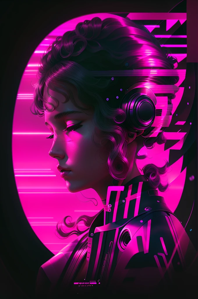 a woman with headphones in front of a pink circle, ( ( ( synthetic wave ) ) ), 80s style synthetic wave, arstation suave, synthetic wave art style ]!!, (synthetic wave), ((synthetic wave)), synthetic wave style, synthetic wave inspired, 8 0 s synthetic wave, dark synthetic wave, [ synthetic wave art style ]!!