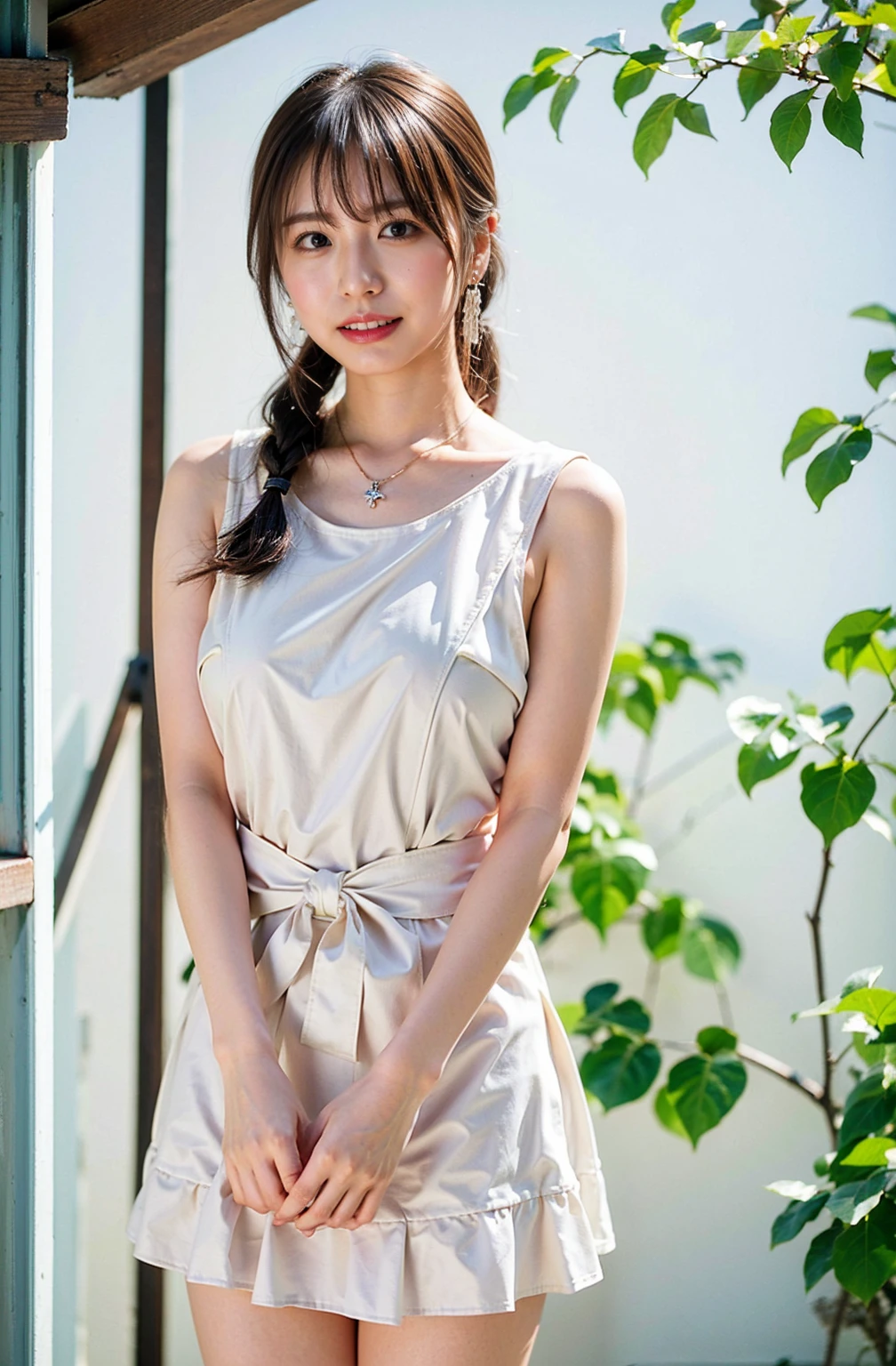 （（Cream hair color、砂浜でsmileで撮影:1.4））、Sleeveless、Outdoor shots、Cute clothes、Tie your hair、Cream hair color、Leather Belt、Her huge breasts are obvious even through her clothes..、Small earrings、Light brown hair color、Tie your hair:1.4））、Shiny Hair、Light beige hair color、Background Blur、Braid only the front hair、Light brown hair、｛｛Cowgirl Shot｝｝、（（Close-up shot from the waist up、Big Breasts:1.4））、Big Breasts、にっこりsmile、Silk clothing、服からでも分かるBig Breasts、Braid only the front hair、Cowboy Shot、A gorgeous white collared silk shirt and a brown skirt、Elegant attire、Luxury Bags、素敵なsmile、（（Revealing clothing））、Full body photo、ring、Short skirt、Tuck your hair behind one ear、Silver Necklace、smile、 Elegant ponytail、Caustics、Highly detailed photos、Very beautiful and ideal short hair、Big Breasts、Super no makeup、(8K、RAW Photos、Highest quality、masterpiece:1.2)、(Realistic、Realistic)、1 Girl、((Big Breastsショートヘア、Looking into the camera:1.4))、Hair blowing in the wind
