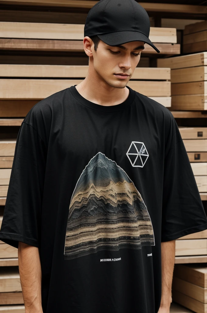 An oversized black t-shirt with logos referring to geology