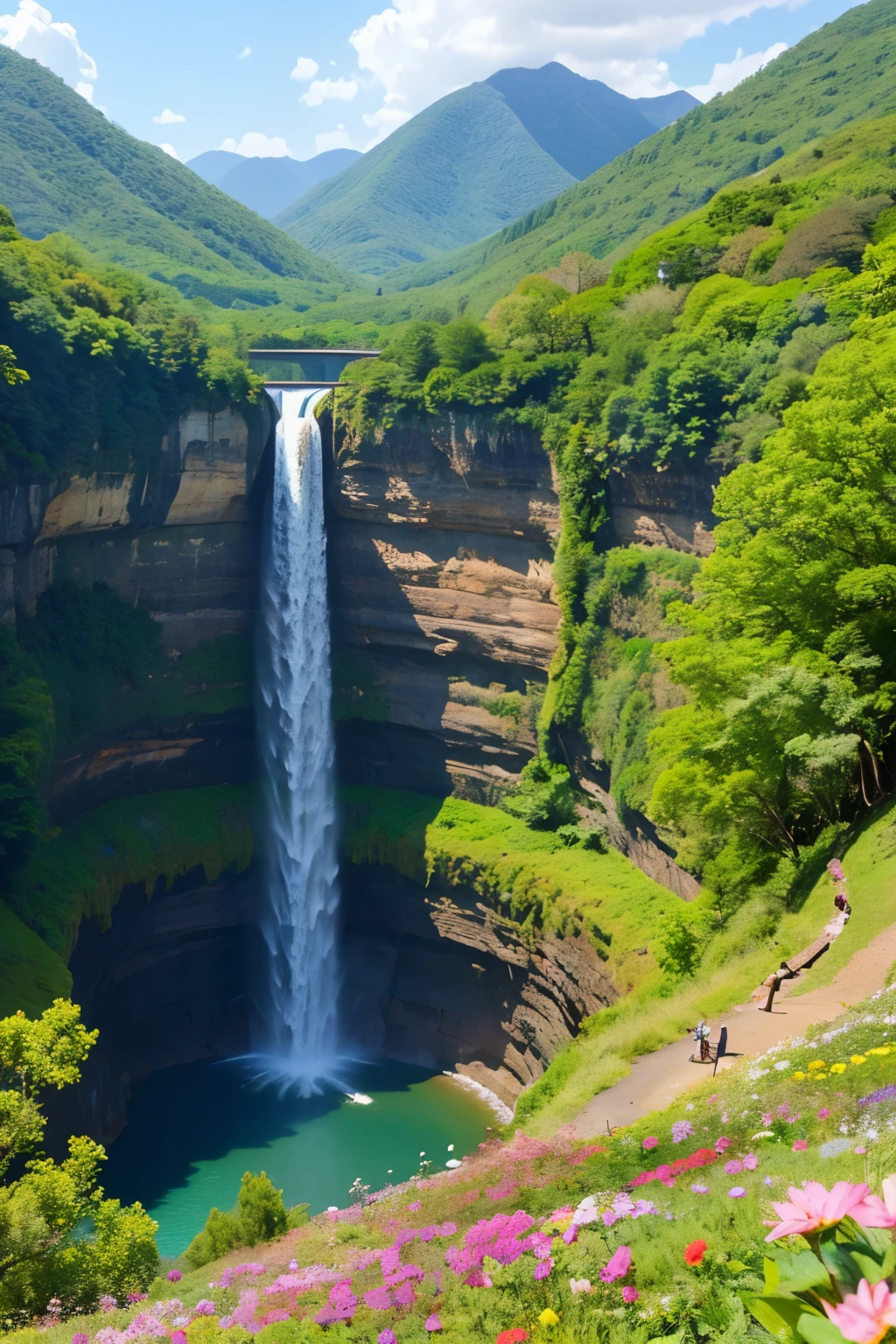 ((Highest quality)), ((masterpiece)), (detailed), There is a magnificent view as far as the eye can see, with waterfalls flowing and beautiful flowers and plants blooming everywhere.。This place is like heaven