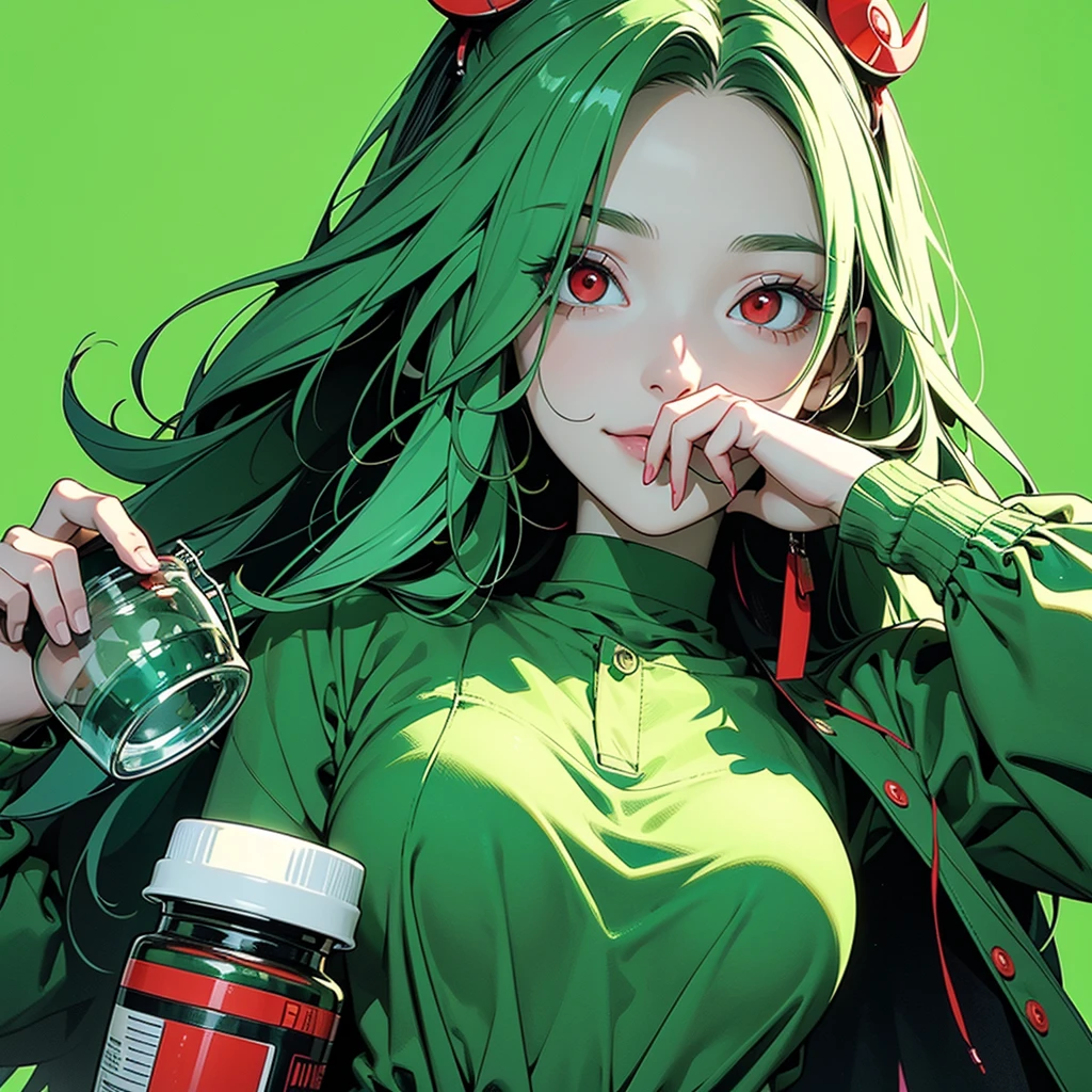 girl, holding a jar with many pharmaceutical pills, slight smile, red eyes, green skin, green image background and green image mask, madness and psychedelic image, various factors of madness and scrizophenia