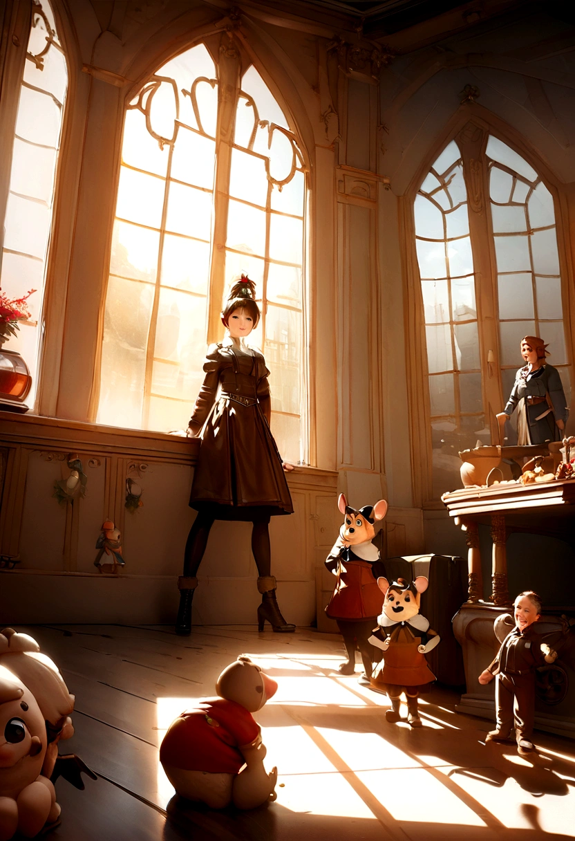 （Pixar-style),A five-year-old Chinese girl，Mochilas de Gita，The floor was littered with candy and cookies，Miniature Character Model, light source from right to left, Rum lighting, light source from right to left, realisitic proportions, Post-processing, ((orthogonal perspective)), super detaill, realisitic, super realisitic, photoreal rendering,，Gita，Disney  style