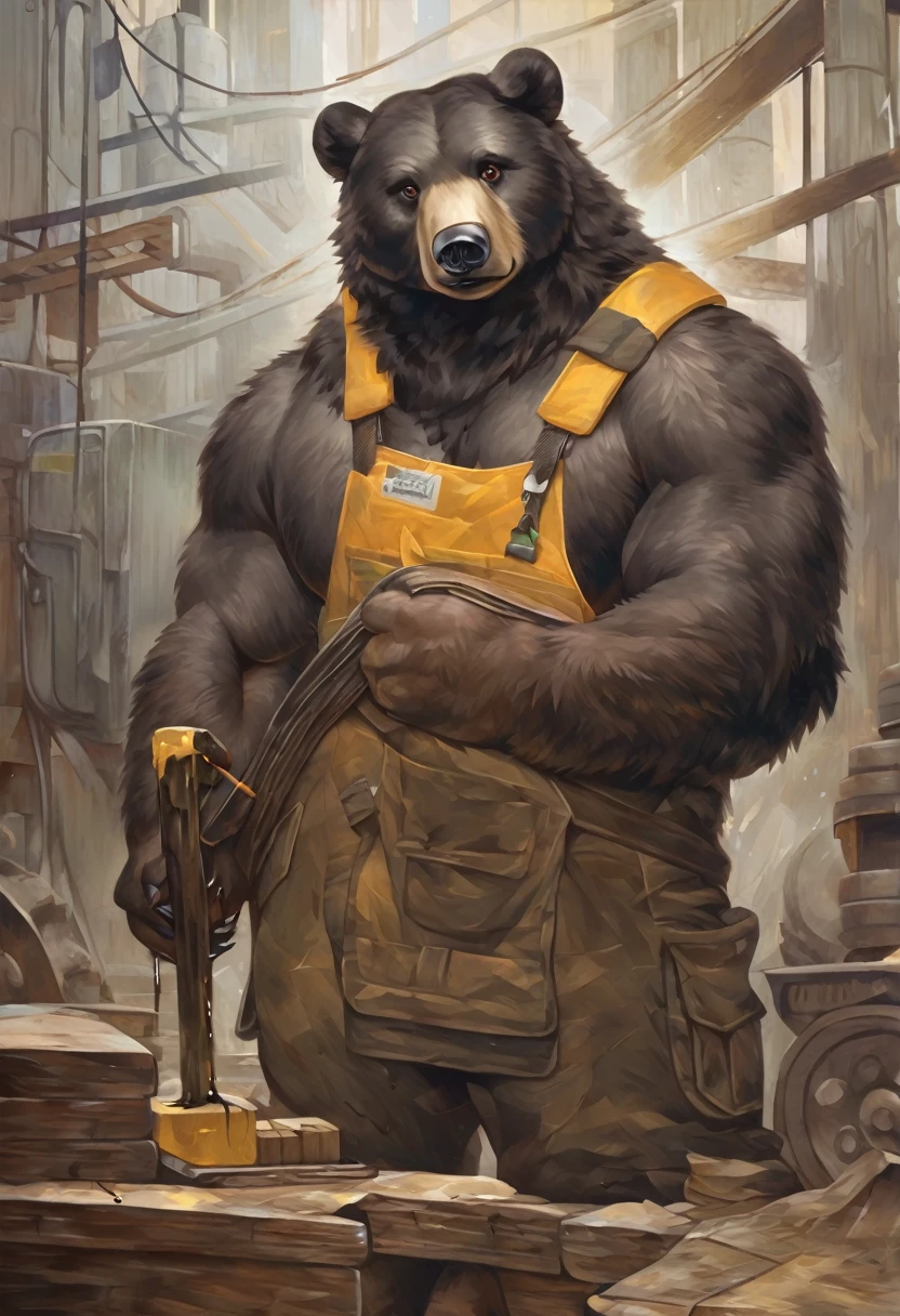 Black Bear,personification,strong,Worker,Oil painting style。