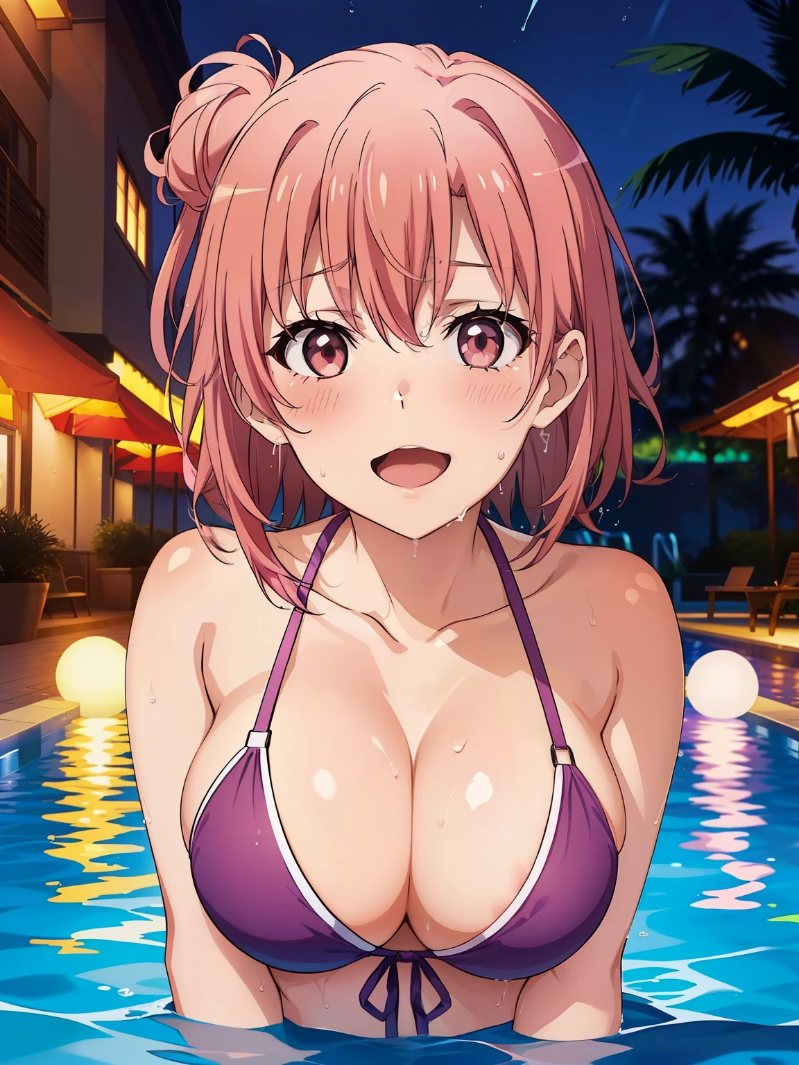 ((Highest quality, High resolution,  Perfect Pixel,  4K)),  (Beautiful Anime Girls), Depth of written boundary、


Yuigahama Yui,  (Big Breasts:1.2)、pink hair, 


smile、Open your mouth、
Purple micro bikini、
(Wet Hair、Wet body、Sweat、blush)、
(nightpool, night、Pink lighting、Neon Light)、
In the pool、