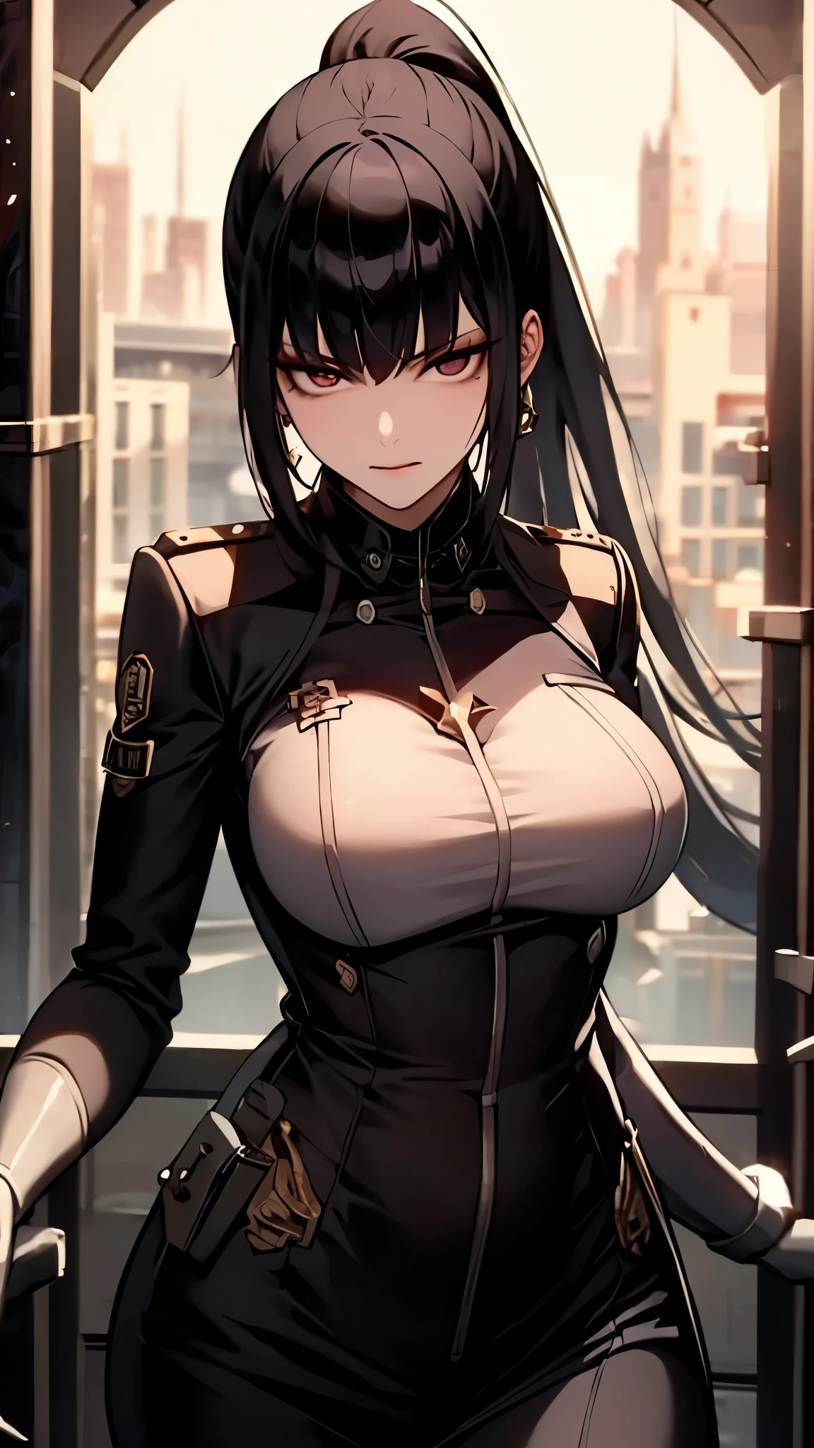 Lin Wei, a beautiful human-hybrid with striking black eyes and long black hair tied in a high ponytail, stands confidently. She looks directly at the camera with a determined and intelligent gaze. Her military uniform fits perfectly, highlighting her strong yet feminine physique. Her presence exudes strength, grace, and leadership. The background suggests a futuristic starship setting, adding to her commanding and powerful aura.