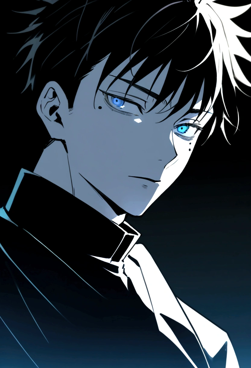 Asian Japanese boy in anime jujutsu kaisen trait with pale skin, slanted dark blue eyes, delicate face, mole under one eye, messy black hair.