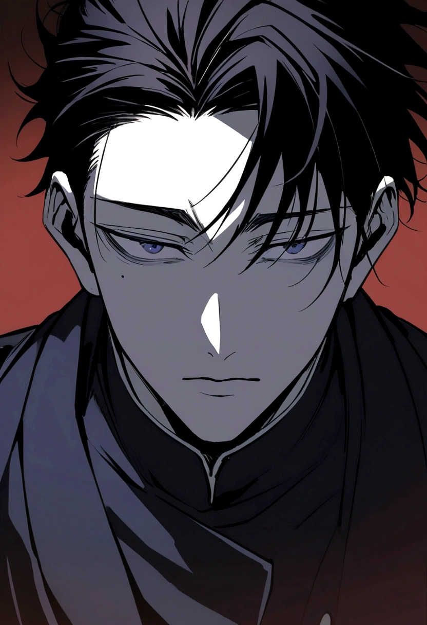 Asian Japanese boy in anime jujutsu kaisen trait with pale skin, slanted dark blue eyes, delicate face, mole under one eye, messy black hair.