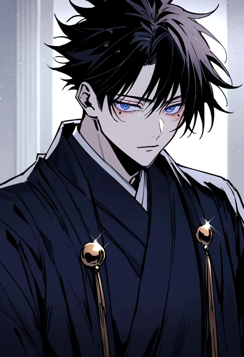 Asian Japanese boy in anime jujutsu kaisen trait with pale skin, slanted dark blue eyes, delicate face, mole under one eye, messy black hair.
