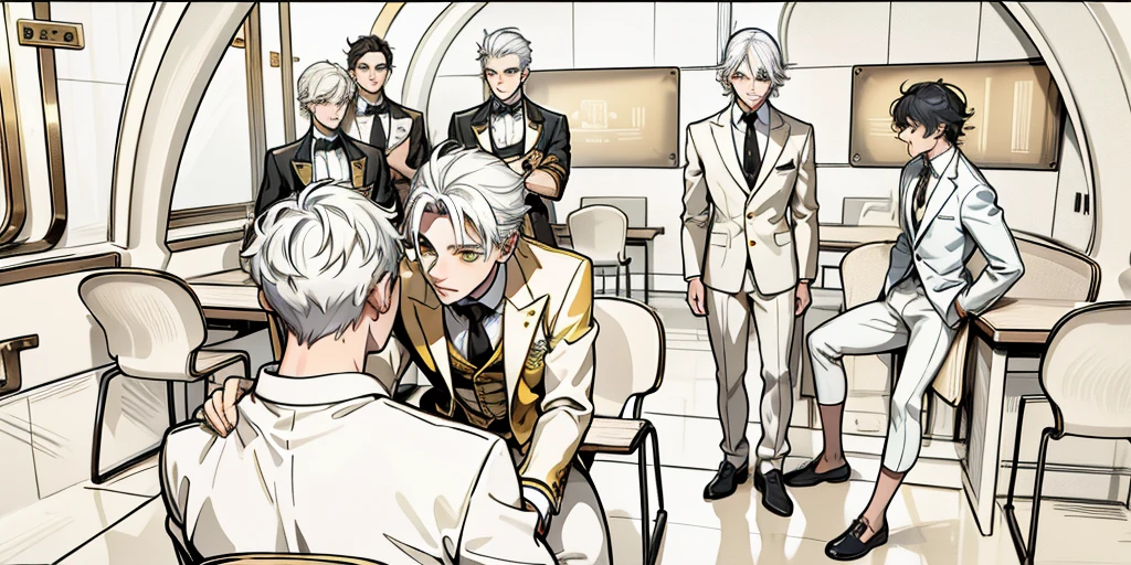 There is a boy sitting with his back turned and several young men in front of him intimidate, they only have white hair and yellow eyes, black suits with yellow gold jewelry