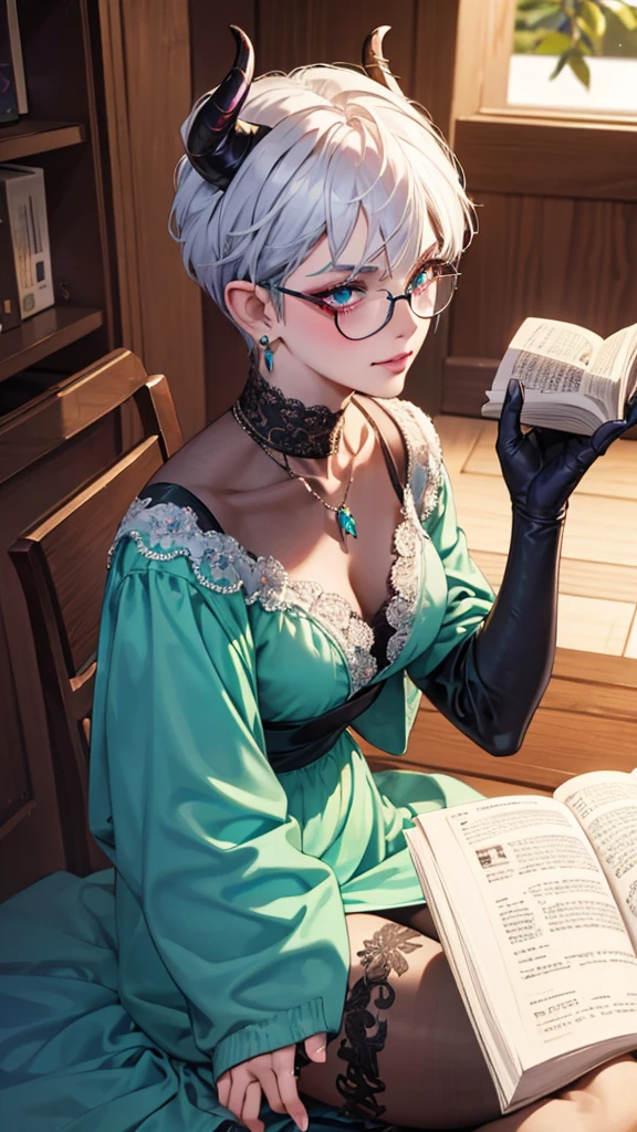 8k, masterpiece, best quality, highly detailed, 1 girl, tiefling, warlock, multicolored hair, very short straight hair green highlight hair on white hair, strippled hair, wearing glasses, round glasses, earrings, long dress with side cut, lace dress, red eyeshadow, long eyelashes,navel piercing, blushed cheek, necklace, collarbone, high heels, mole, glamorous, purple and teal clothing, villainy, smirk, seductive face, close up view, rings, looking at viewer, standing, demon horns, solo, hand touching cheek, school, black lace gloves, holding book, sensei, miniskirt.