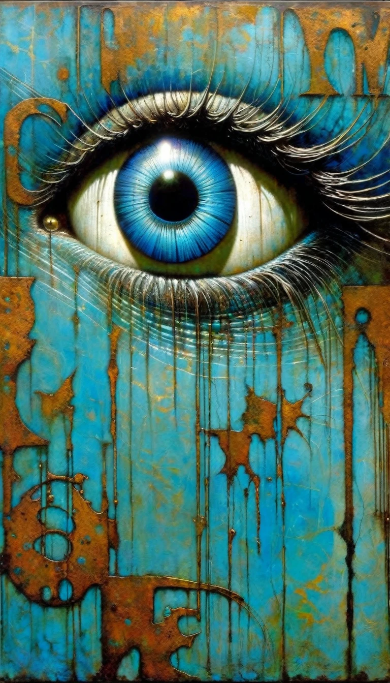 blue rusty metallic word, eyes come out of sign, word: "VICTOR" (Dave Mckean inspired art, intricate details, oil painting)