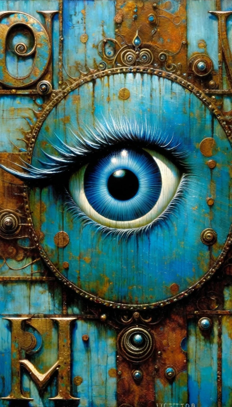 blue rusty metallic word, eyes come out of sign, word: "VICTOR" (Dave Mckean inspired art, intricate details, oil painting)