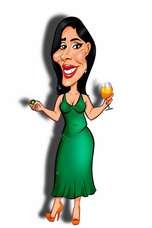 8k, adobe photoshop, cartoon woman in green dress holding a glass of orange juice, in cartoon style, latin, caricature style, cartoon rendering, caricature illustration, caricature, she holds a glass of wine, cartoon art style cartoon, caricature, Cartoon image, cartoon digital art, cel shaded!!!, cartoon illustration, cartoon style illustration, caricature!!!