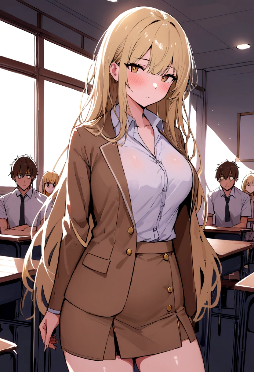 please illustrates a picture of a classroom full with only sexy, hard-on boys And only one blonde long hair brown eye sexy girl in a middl