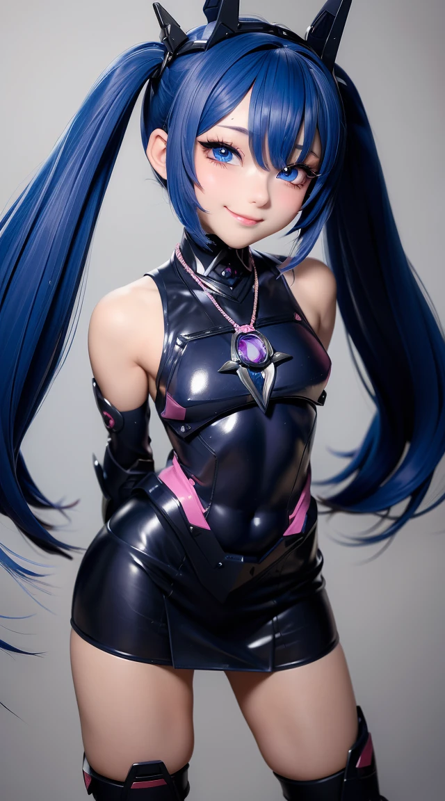 (masterpiece:1.3), (Best Quality:1.3), (Ultra-detailed:1.2), ((kawaii)), Cute, (lovely), ((sexy)), ((Extremely detailed)), 4K, (8K), Best Quality, (Beautiful), Illustration, anime style, (bold line:1.2), Gradation, looking at viewer, //, (bent down:1.1), (arms behind back), //, a cute girl, 1girl, (solo:1.2), gleaming skin, //, (flat chested), (Perfect eyes:1.2), (Perfect iris:1.2), //, darkblue hair color, (beautiful eyes) //, (half closed eyes:1.3), (sexual expression:1.2), Fascinated expression, smile, (blush:1.2), //, modern city background, on rock, twin tails, straight bangs, muscle girl, hard abs, exposed abs, NECKLACE, skirt, heavy armor suit, mecha musume, underboobs