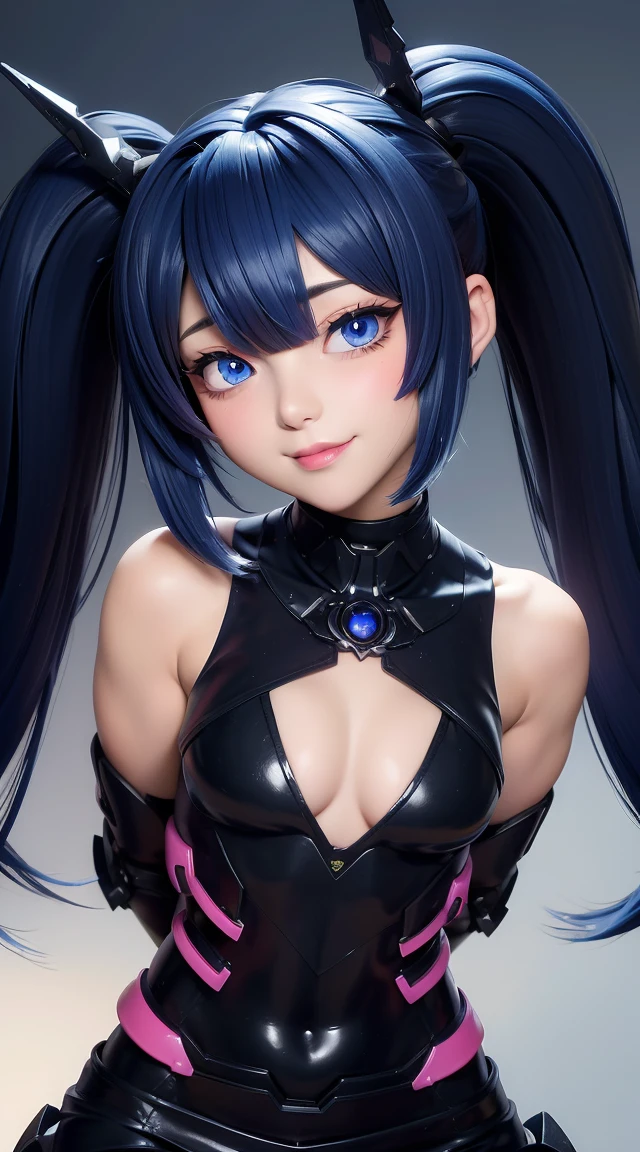  (masterpiece:1.3), (Best Quality:1.3), (Ultra-detailed:1.2), ((kawaii)), Cute, (lovely), (()), ((Extremely detailed)), 4K, (8K), Best Quality, (Beautiful), Illustration, anime style, (bold line:1.2), Gradation, looking at viewer, //, (bent down:1.1), (arms behind back), //, a cute girl, 1girl, (solo:1.2), gleaming skin, //, (), (Perfect eyes:1.2), (Perfect iris:1.2), //, darkblue hair color, (beautiful eyes) //, (half closed eyes:1.3), ( expression:1.2), Fascinated expression, smile, (blush:1.2), //, modern city background, on rock, twin tails, straight bangs, muscle girl, hard abs,  abs, NECKLACE, skirt, heavy armor suit, mecha musume, underboobs