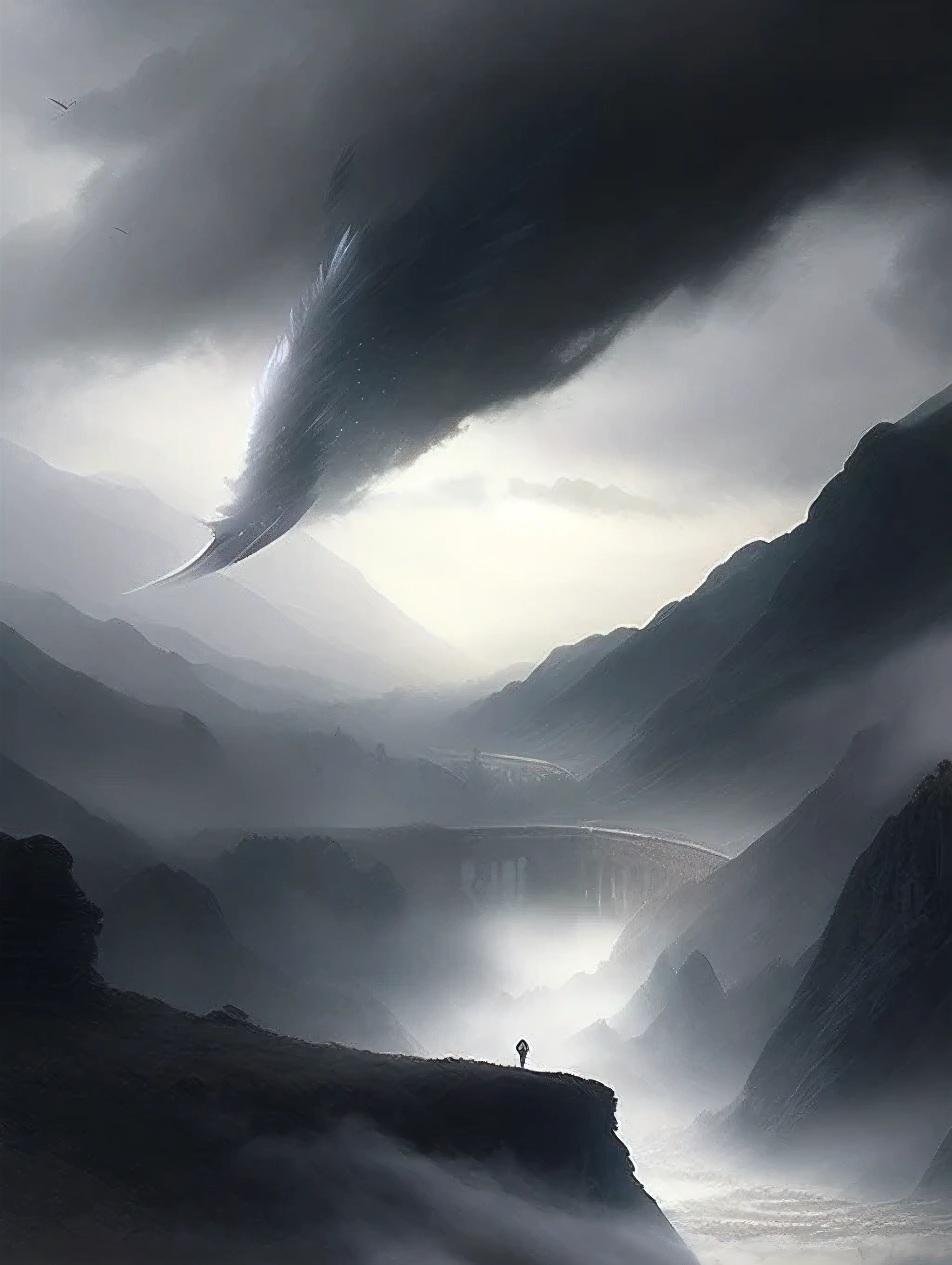 A valley covered in ashes and fog, gray, wet, rainy, lightning in the sky, and with souls lost in the fog very difficult to see because of how far away and separated they are from each other and an angel walking dragging his wings, among the lost souls so scattered, giving a hero&#39;s perspective among the dense fog and ashes.