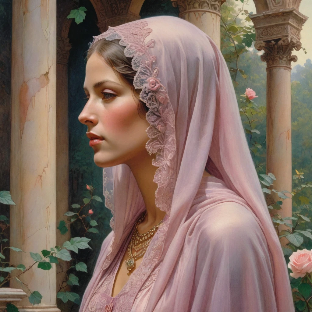 Masterpiece, ((realistic)), (propaganda poster), (((Moebius Jean Giraud))), ((((profile portrait of a veiled roman woman, young, priestess, dignified, wearing silken and lace pink and mauve robes, detailed moth, rose elements, muted colors)))), (((corinthian columns, jungle background, white moths)))