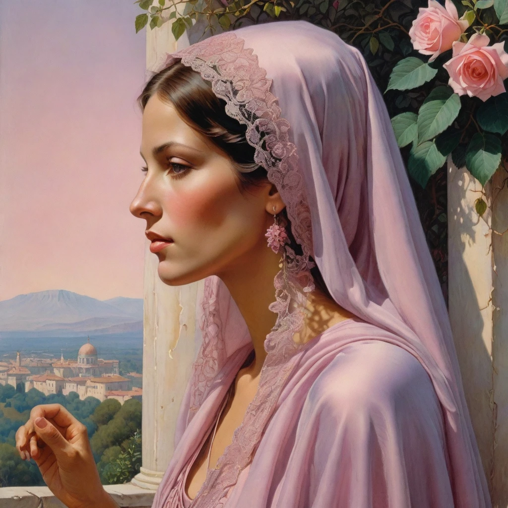 Masterpiece, ((realistic)), (propaganda poster), (((Moebius Jean Giraud))), ((((profile portrait of a veiled roman woman, young, priestess, dignified, wearing silken and lace pink and mauve robes, detailed moth, rose elements, muted colors)))), (((corinthian columns, jungle background, white moths)))