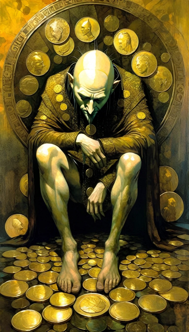 a king covers himself with four giant gold coins, covers his feet, body and head with the coins (art inspired by Dave Mckean, intricate details, oil painting) (Dave Mckean inspired art, intricate details, oil painting)
