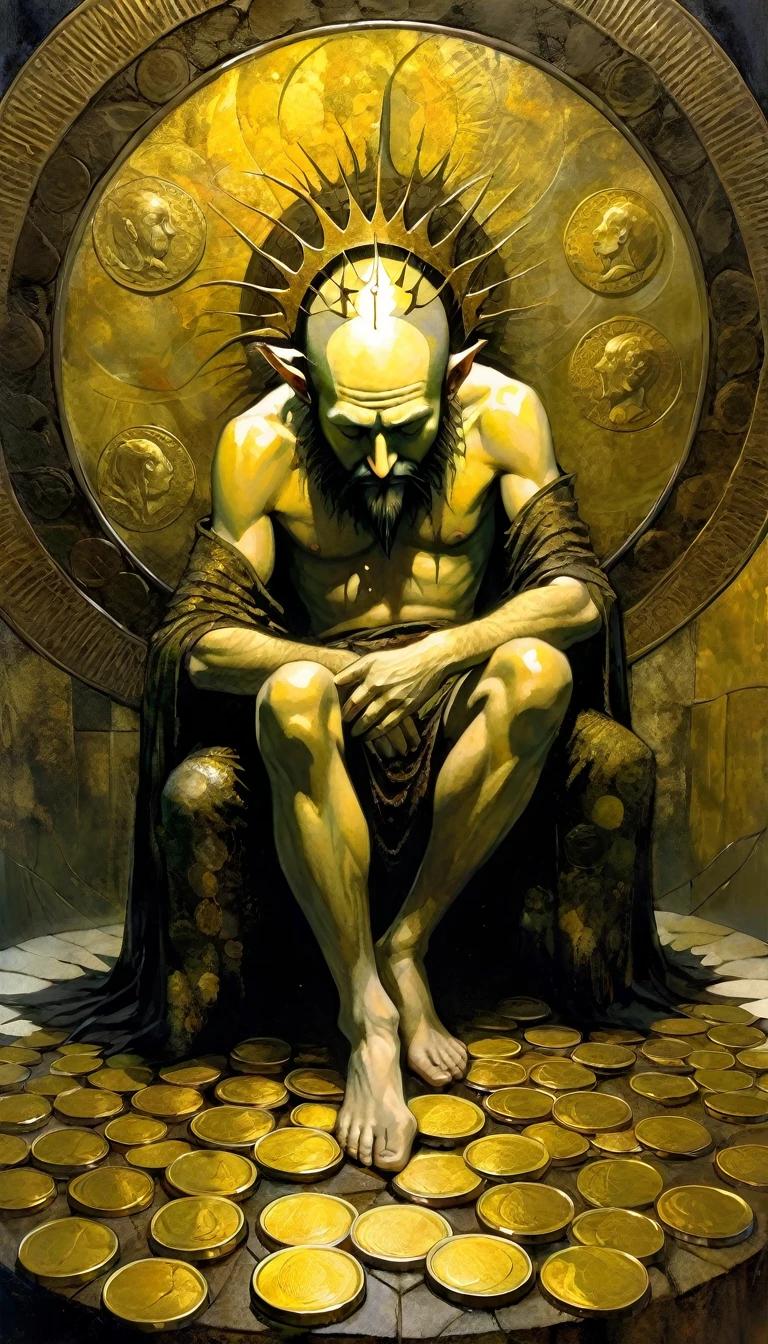 a king covers himself with four giant gold coins, covers his feet, body and head with the coins (art inspired by Dave Mckean, intricate details, oil painting) (Dave Mckean inspired art, intricate details, oil painting)