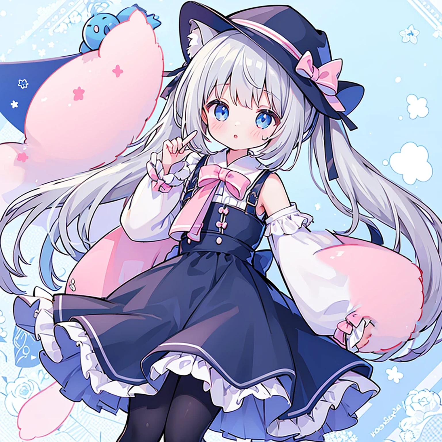 female、独奏, whole body, light blue eyes、mary jane shoes, pose for a photo.,long hair、twintail hair,shy,blush,Hot,masterpiece、Best image quality、top quality, wizard hat、long hair,fox ears,gray hair,(black pantyhose),blue eyes、exquisite eyes、Beautiful girl、Chubby cheeks、cute 드레스、puffy sleeves、Ruffled skirt、pink ribbon、cute、change, Magic Wand,