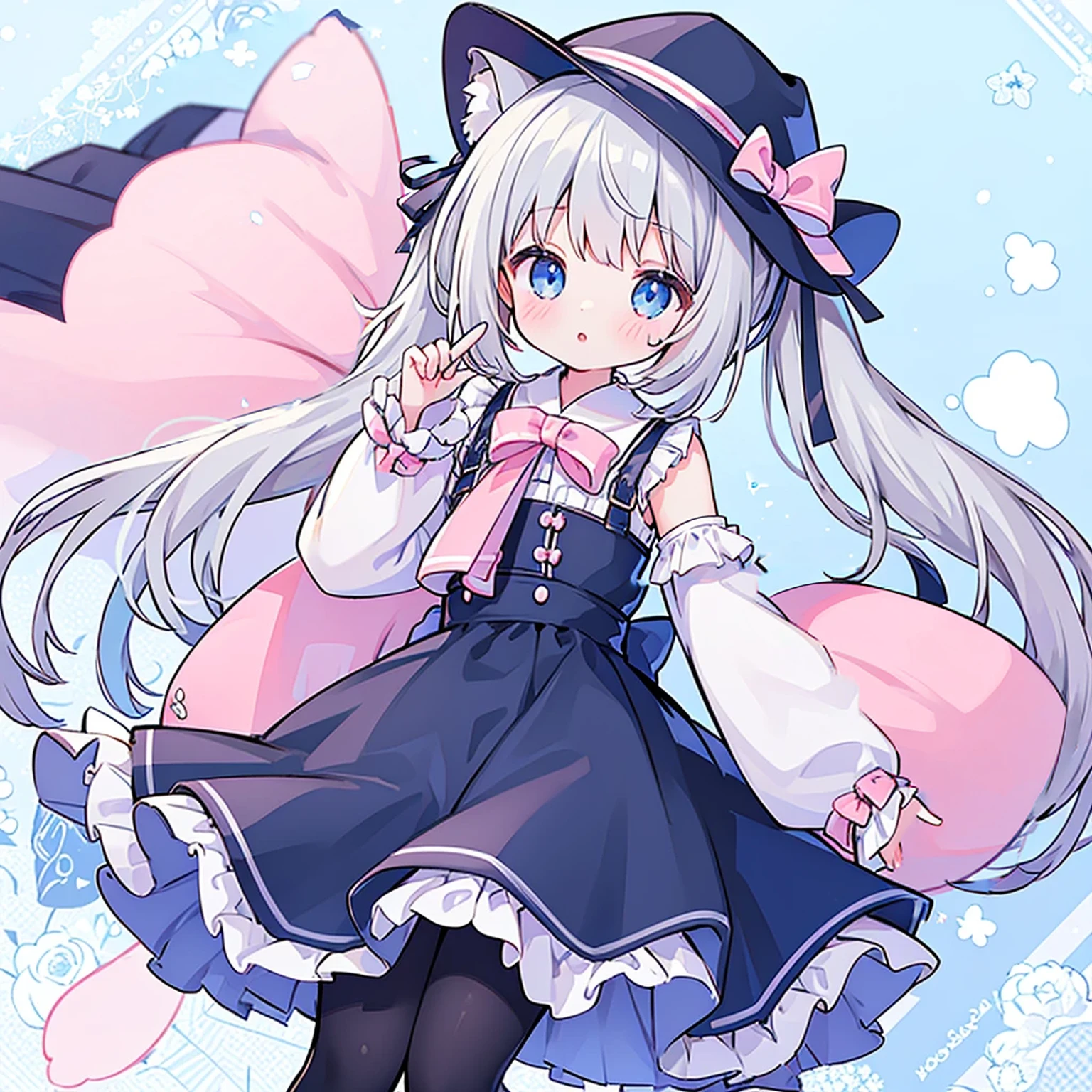 female、独奏, whole body, light blue eyes、mary jane shoes, pose for a photo.,long hair、twintail hair,shy,blush,Hot,masterpiece、Best image quality、top quality, wizard hat、long hair,fox ears,gray hair,(black pantyhose),blue eyes、exquisite eyes、Beautiful girl、Chubby cheeks、cute 드레스、puffy sleeves、Ruffled skirt、pink ribbon、cute、change, Magic Wand,