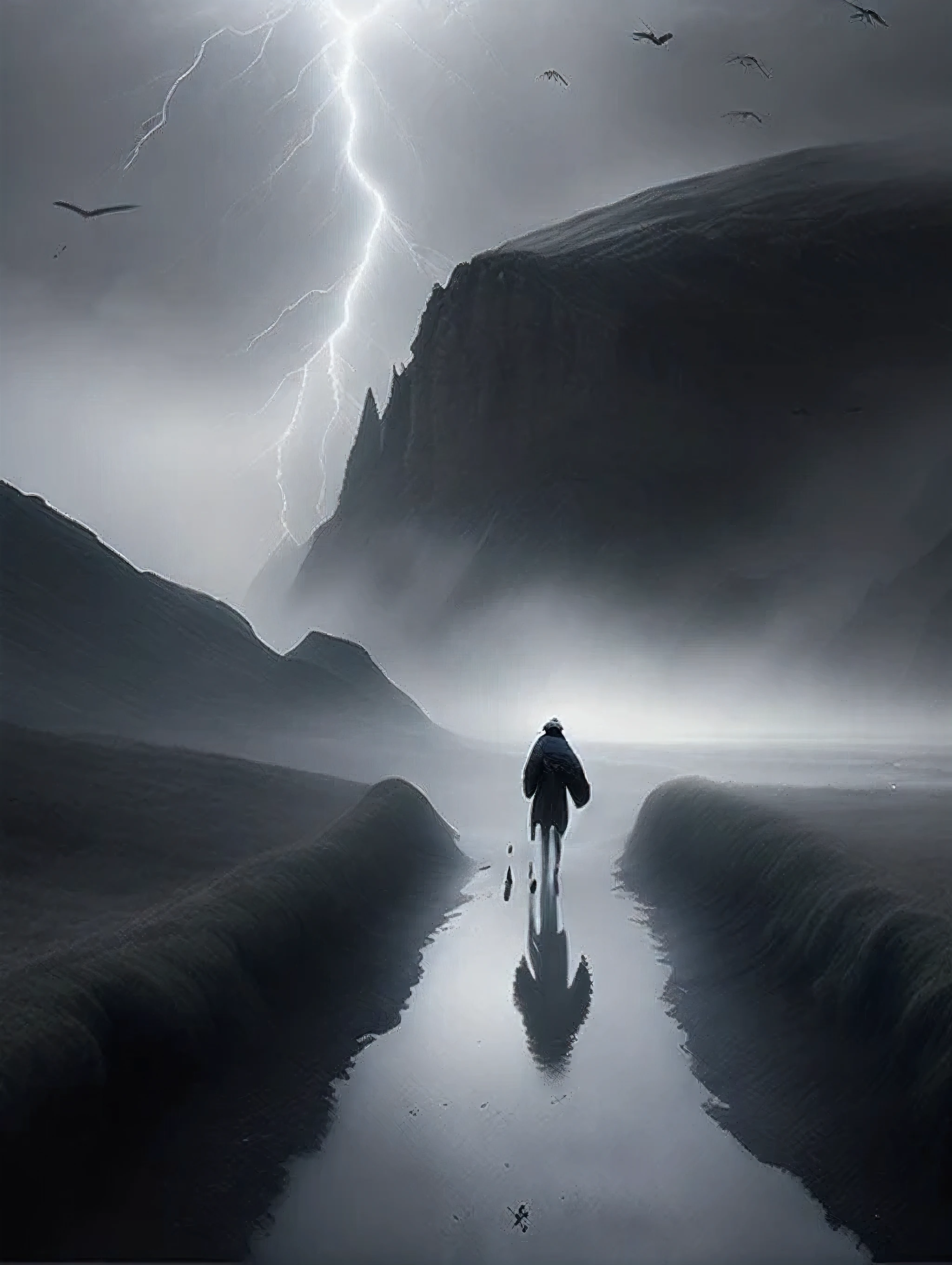 A valley covered in ashes and fog, gray, wet, rainy, lightning in the sky, and with souls lost in the fog very difficult to see because of how far away and separated they are from each other and an angel walking dragging his wings, among the lost souls so scattered, giving a hero&#39;s perspective among the dense fog and ashes.