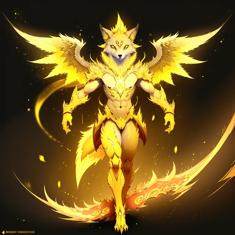 (1 wolf) full body, a white eyed yellow wolf, a winged four pointy ears yellow wolf with yellow lightning, yellow spike feathers, yellow spike wings, yellow energy around, yellow thunderstorm background