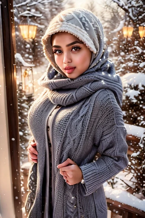 cute hijab girl, detailed eyes, detailed lips, long eyelashes, cardigan sweater, winter scene, snowy landscape, soft lighting, warm colors, cinematic composition, intricate details, highly detailed, 8k, photorealistic, masterpiece