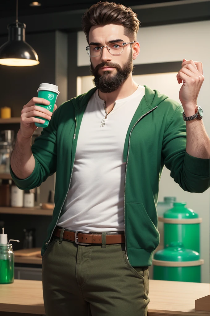 make a pixar style 3D art of a male chemical engineer with a beard and green eyes, and chemical engineer clothes, making jewelry with your hand and holding a chemical cup