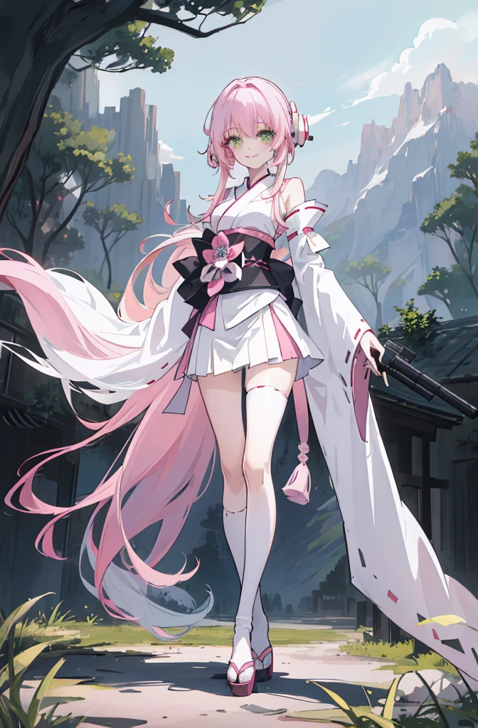 ((A pink-haired))，The hair was long，green eyes,Very long dull hairs，dark city background，white kimono costume，White miko stockings，white mini skirt, night,standing,pink hair,pink hair,forest background,mountain,smile,smile,laugh,long hair,(gun on her hand),