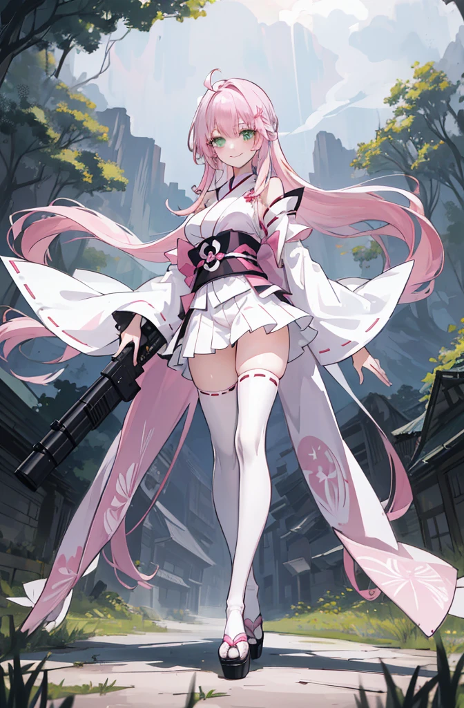 ((A pink-haired)),The hair was long,green eyes,Very long dull hairs,dark city background,white kimono costume,White miko stockings,white mini skirt, night,standing,pink hair,pink hair,forest background,mountain,smile,smile,laugh,long hair,(gun on her hand),
