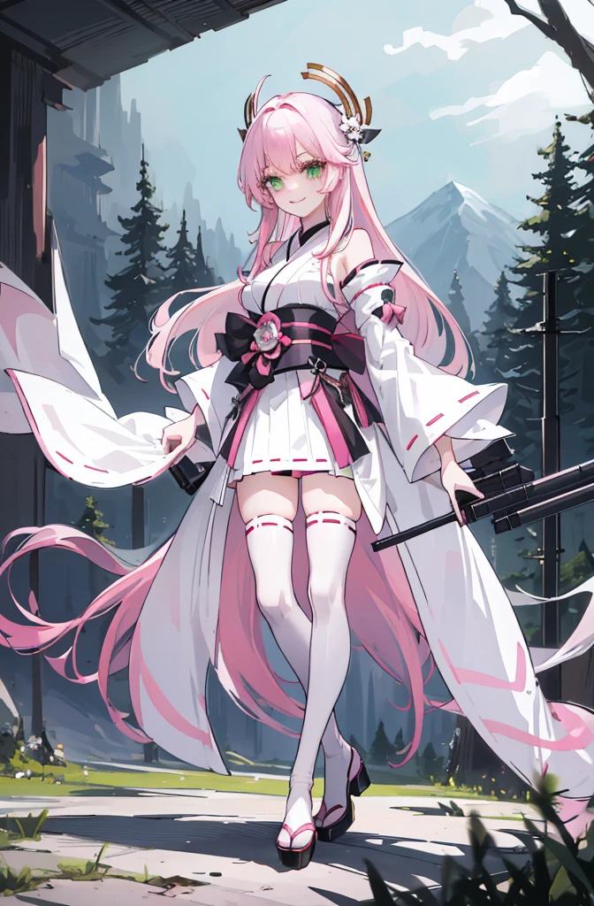 ((A pink-haired)),The hair was long,green eyes,Very long dull hairs,dark city background,white kimono costume,White miko stockings,white mini skirt, night,standing,pink hair,pink hair,forest background,mountain,smile,smile,laugh,long hair,(gun on her hand),